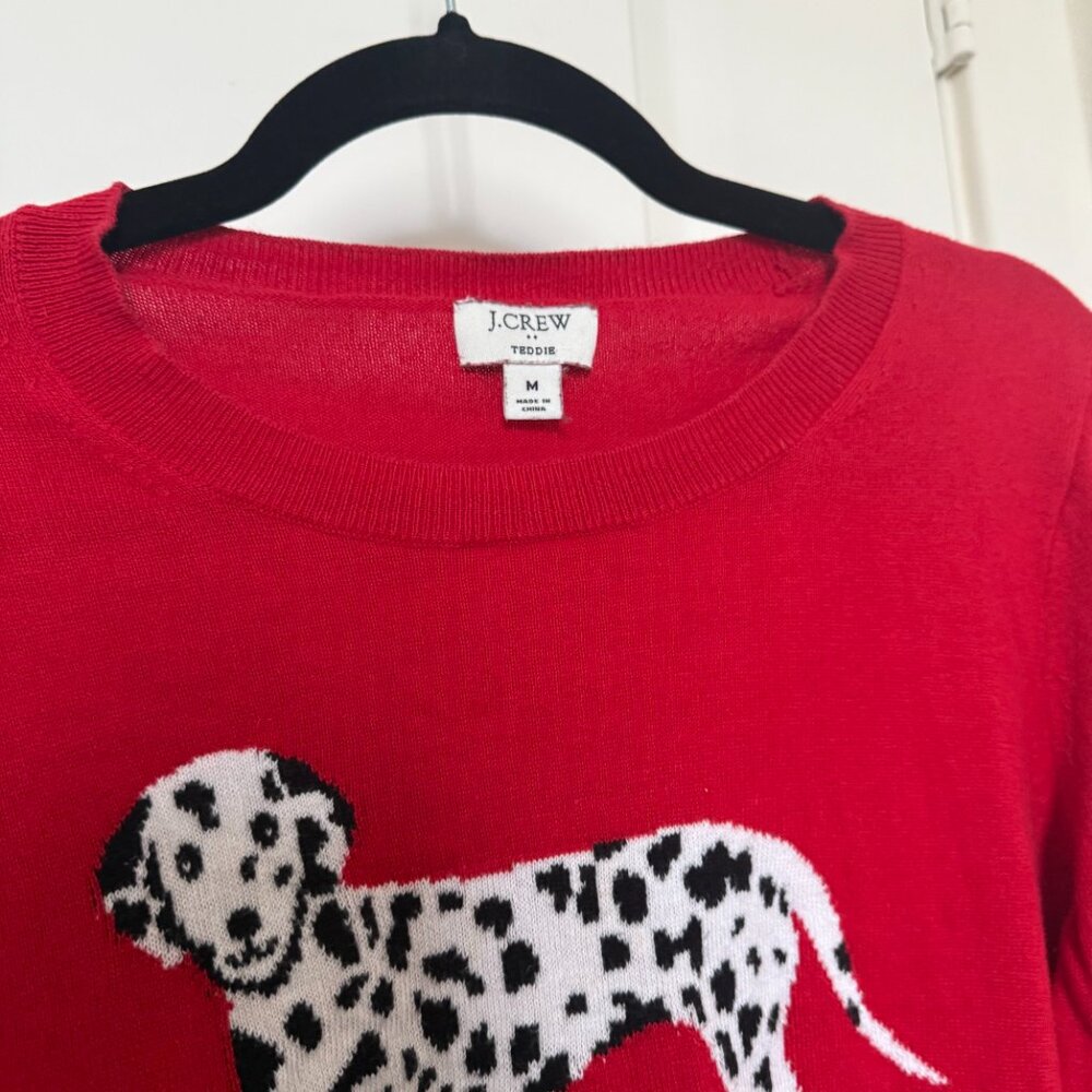 J Crew Teddie Sweater Medium Dalmatian Dog Print Red Classic Novelty Print - Picture 12 of 15